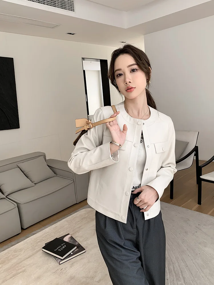 

Women's Leather Jacket Spring Autumn Fashion Popular O-Neck Single-Breasted Invisible Pocket Short Slim White Sheepskin Ceketler