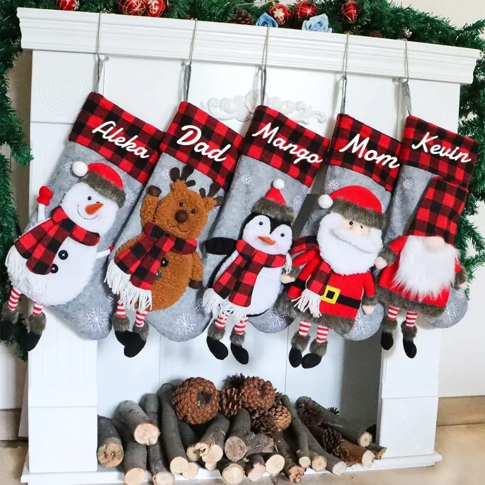 

Personalized Christmas Stockings Set of 5 Custom Name Buffalo Plaid Stockings 3D Xmas Stockings for Christmas Decoration Large