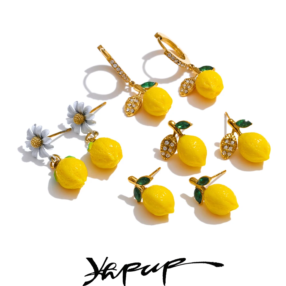 Yhpup mode jaune résine zircone fruits citron boucles d'oreilles pour femmes en acier inoxydable arrivées Chic bijoux en gros