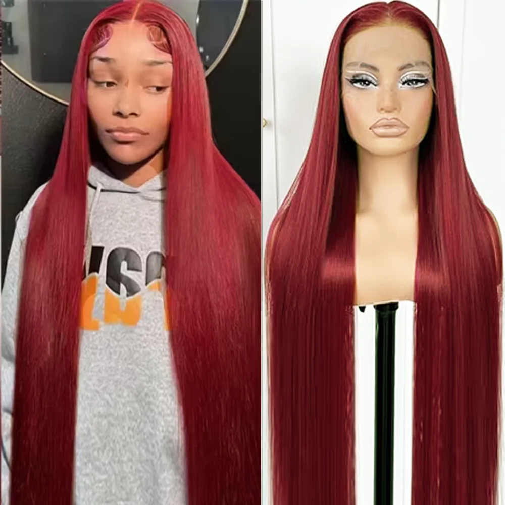 

200 Density 40 Inch 99j Straight Lace Frontal Human Hair Wigs Brazilian Burgundy 13x6 HD Transparent HD Lace Front Wig For Women