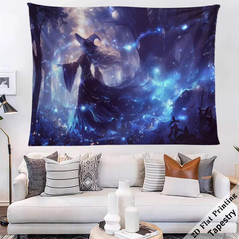 Bohemian Cosmic Night Sky Tapestry Fantasy Witch Magic Forest Wall Decor Gothic Art Hanging