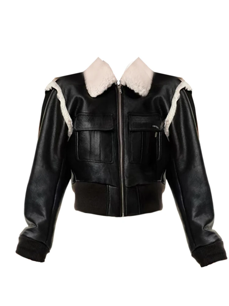 

Winter Women Korean Old Money Vintage Pu Faux Leather Coat Lambs Wool Patchwork Cropped Racer Jacket Cyber Punk Outwear Thick