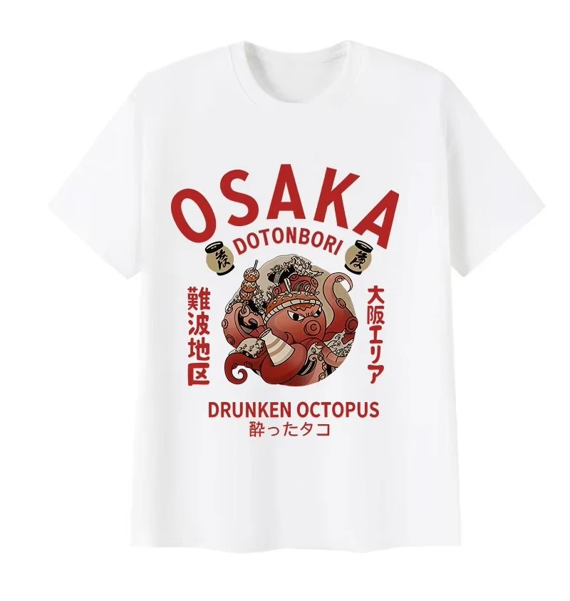 2026 Vintage Osaka Funny Graphic T-Shirt 90s Japanese Drunken Octopus Harajuku T-shirts Men Women Oversized Cotton T Shirt