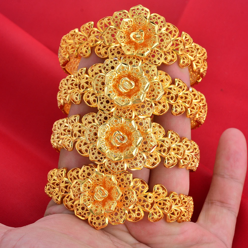 

24K Gold Plated Flower Bangles for Women Round Loop Dubai Trendy Wedding Anniversary Gifts ﻿ ﻿