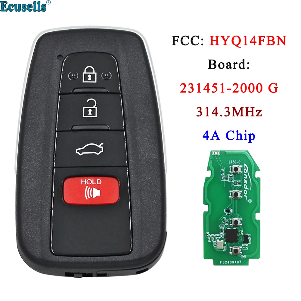 Ecusells 4 Buttons Smart Keyless Go Remote Key Fob FSK 314.3MHz 4A Chip for Toyota Corolla 2019 2020 2021 Board 231451-2000