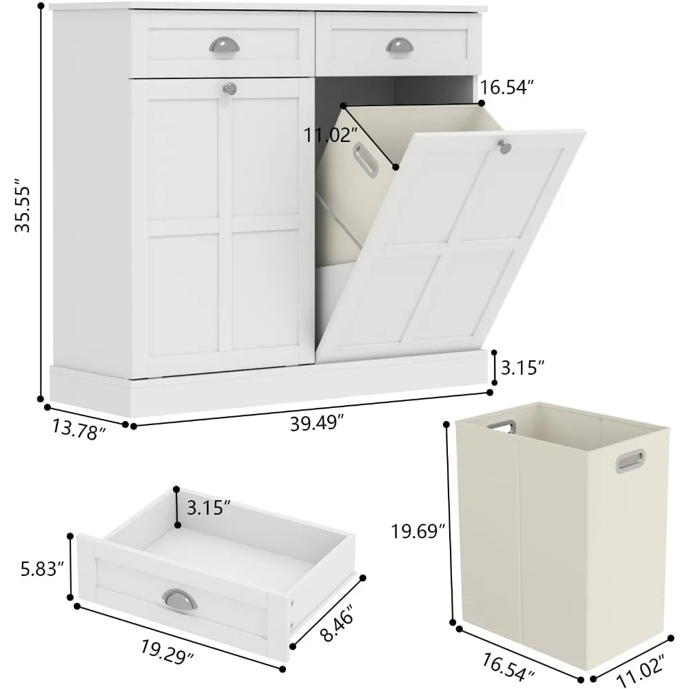 Double Tilt Out Laundry Hamper Cabinet, Hidden Laundry Cabinet with  2 Laundry Storage Baskets, 30 Gallon Trash Can Cabinet