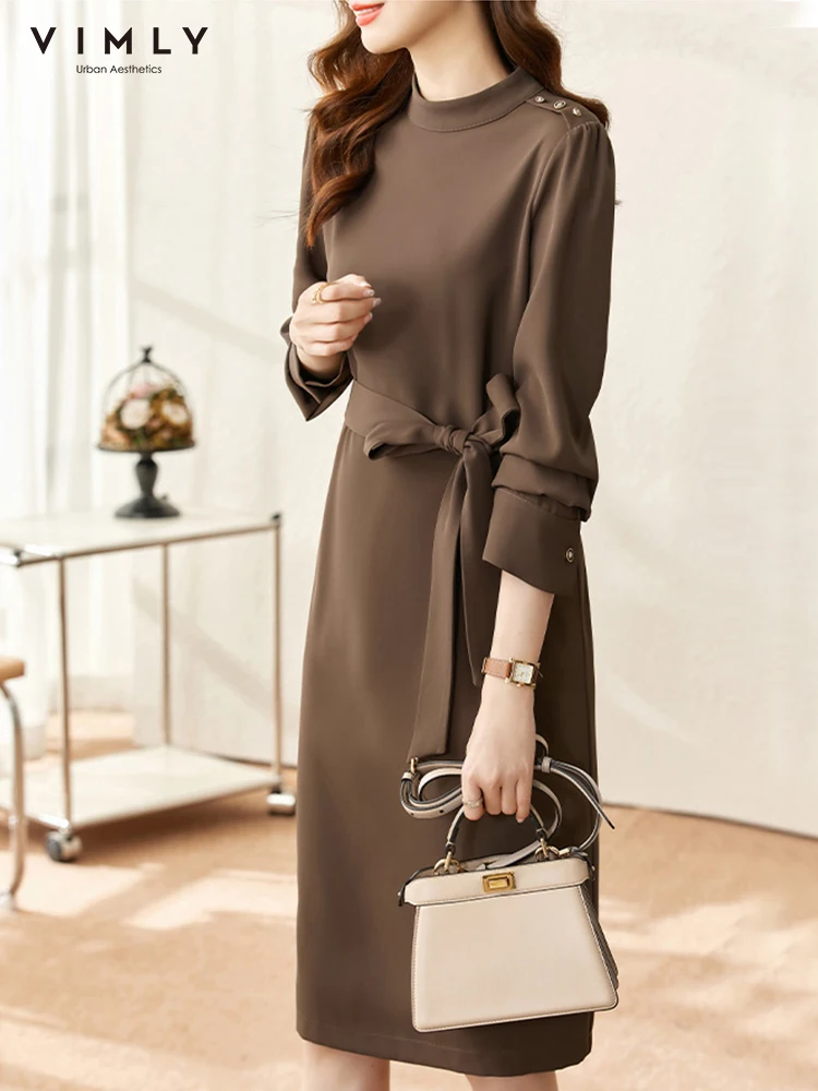 Vimly Spring New In Coffee Elegant Midi Dresses for Women Office Ladies Stand Collar Lace Up Slim Korean Style Dress V7700