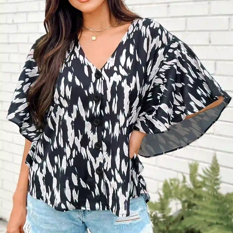 Plus Size Women's Shirt, Spotted Printed Cardigan Button V Neck Top. Casual and Fashionable Summer Clothing image 4