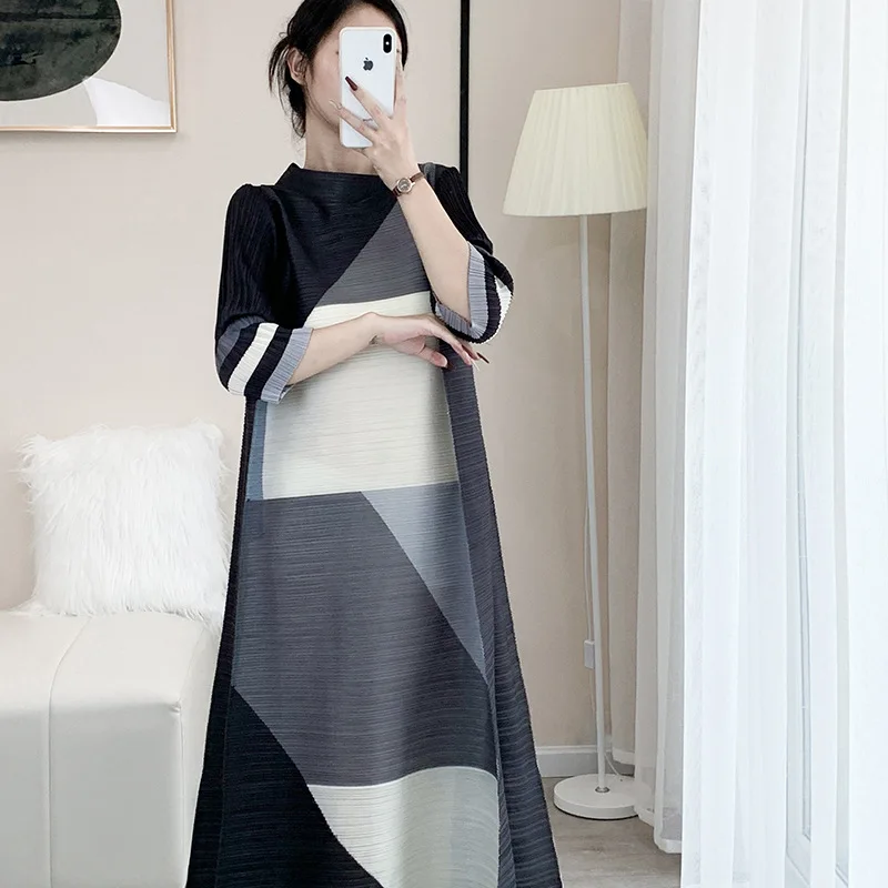 2024 Miyake Pleated New Spring Temperament High End Black Loose Casual Party Long Dress Female