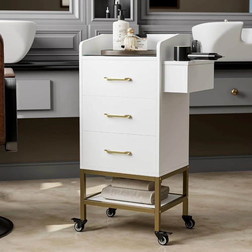 محطة صالون مكونة من 4 طبقات لمصفف الشعر، محطة تخزين حلاقة بيضاء مع سطح زجاجي، 3 أدراج، حاملات مجفف الشعر