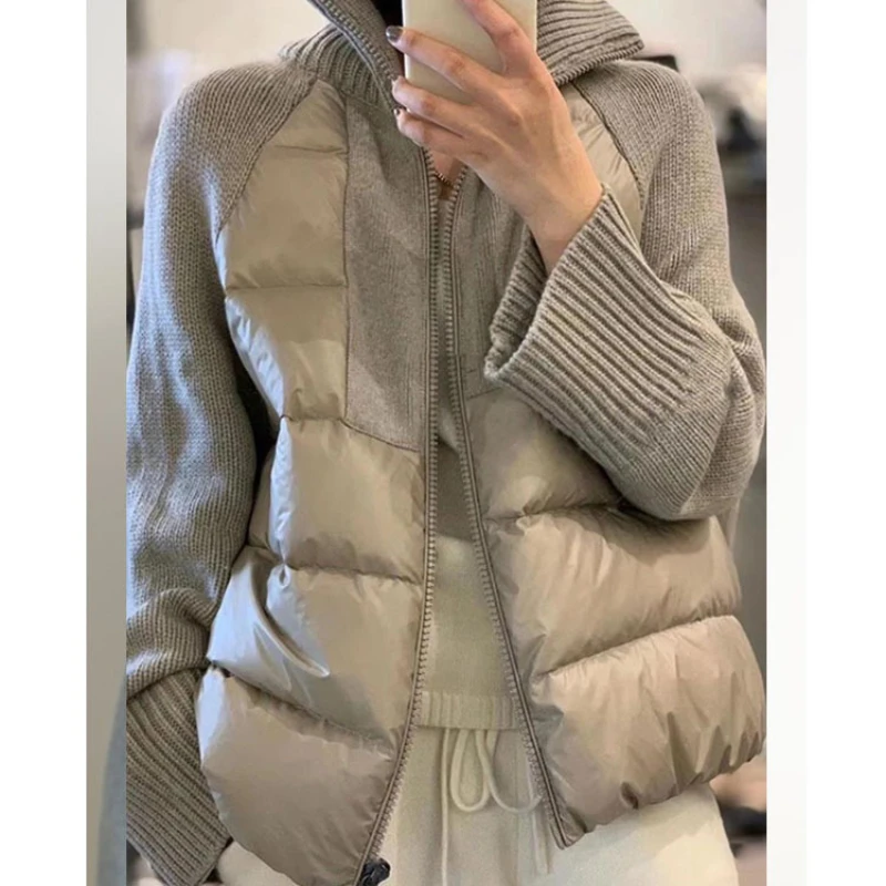 Winter Knitted Spliced Half High Collar Cotton Coat Women\'s Style Commuter Sewn Zipper Straight Tube Thick Knitted Sweater Coat