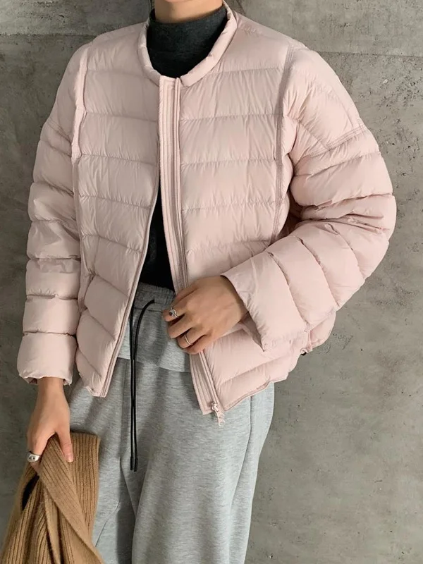 

Faionable round Ne Thiened Pink Cotton Jaet Women's Winter New Sle Casual Warm Outerwear Trendy Long Sve Zipper