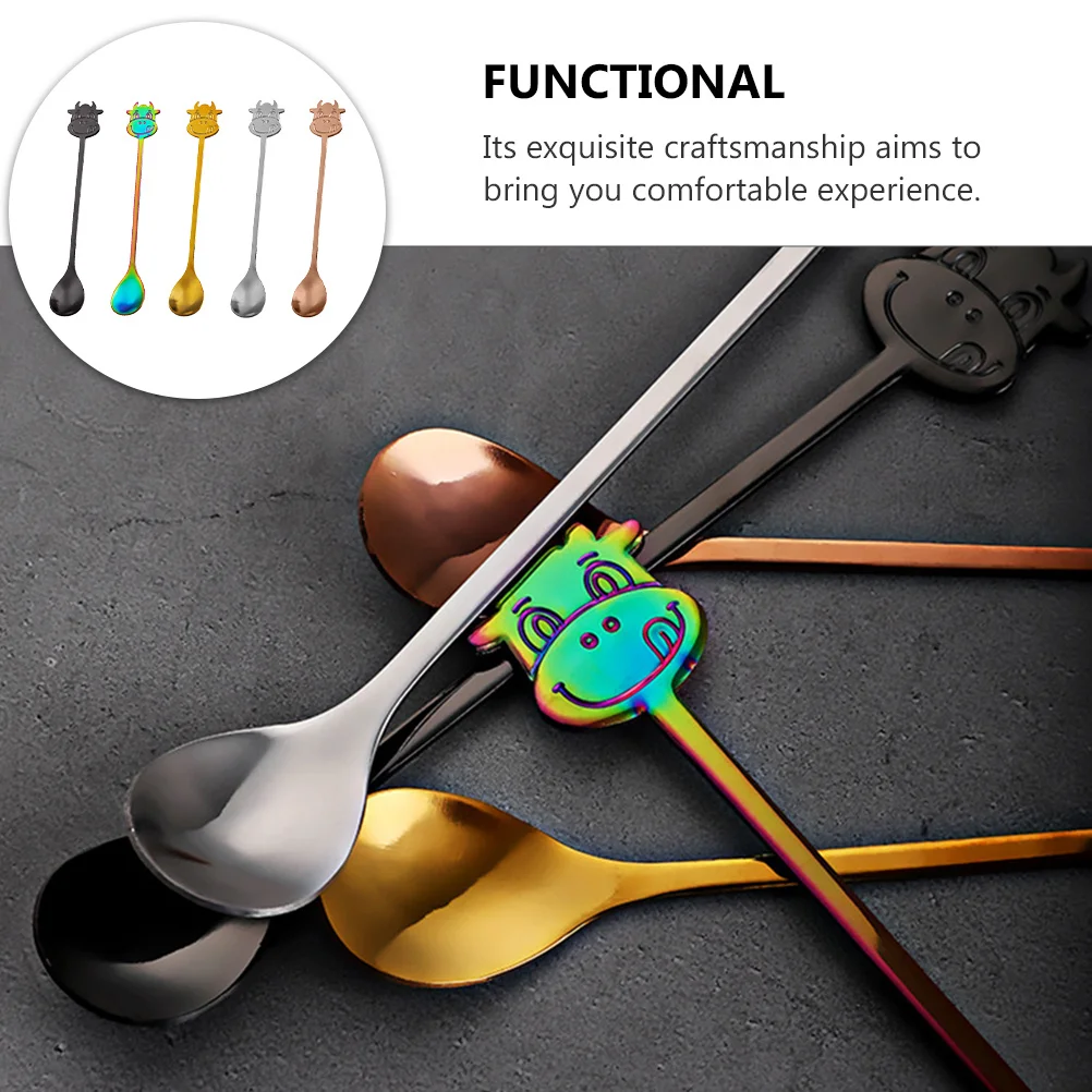 

5Pcs Creative Stainless Steel Cow Handle Spoons Multipurpose Dessert Coffee Stirring Portable Rustproof Delicate Mixing Spoons