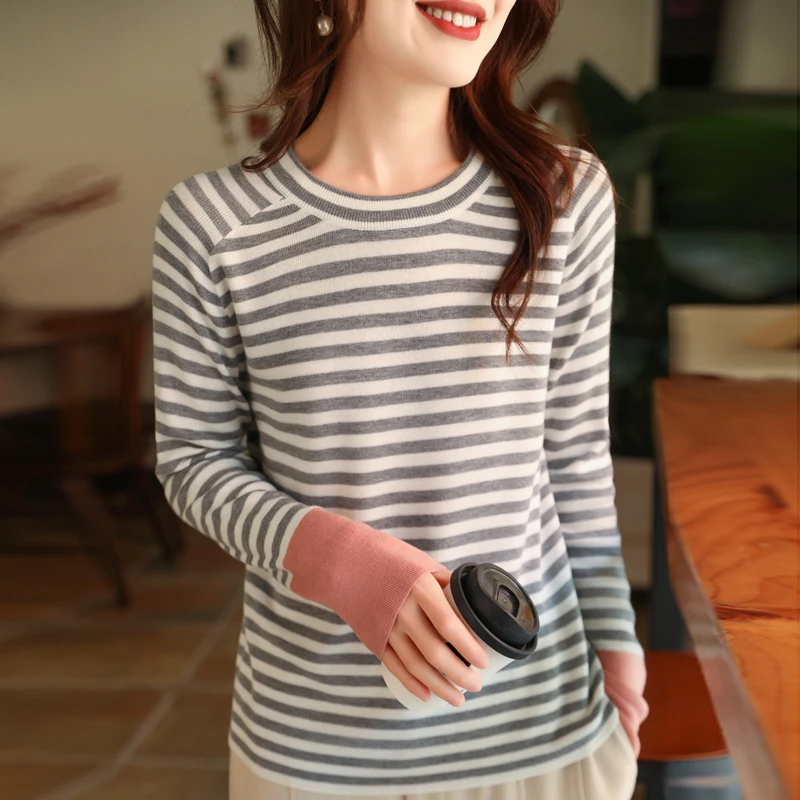 2024 women\'s cashmere sweater fashion pullover striped sweater autumn and winter women\'s cashmere sweater pullover top