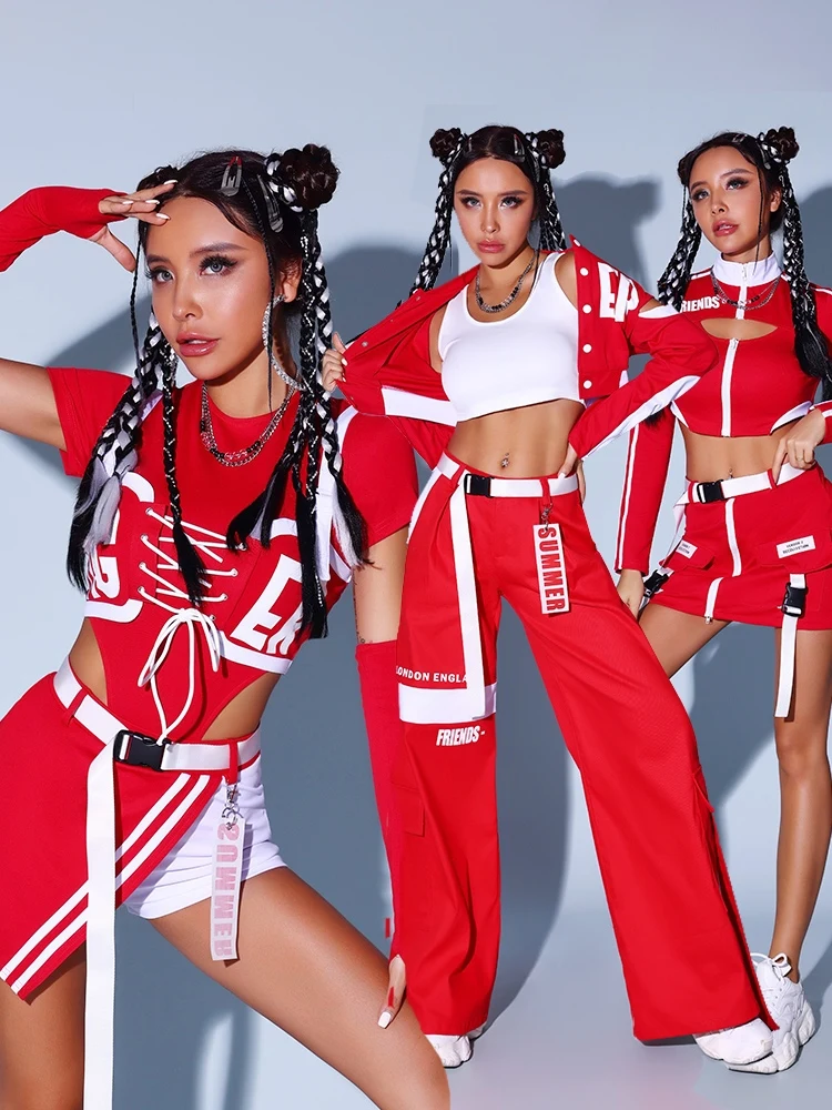 Girls Group Jazz Dance Costumes For Women Gogo Dancers Red Outfits Adult Hip Hop Dance Performance Stage Party Dress DQS15151