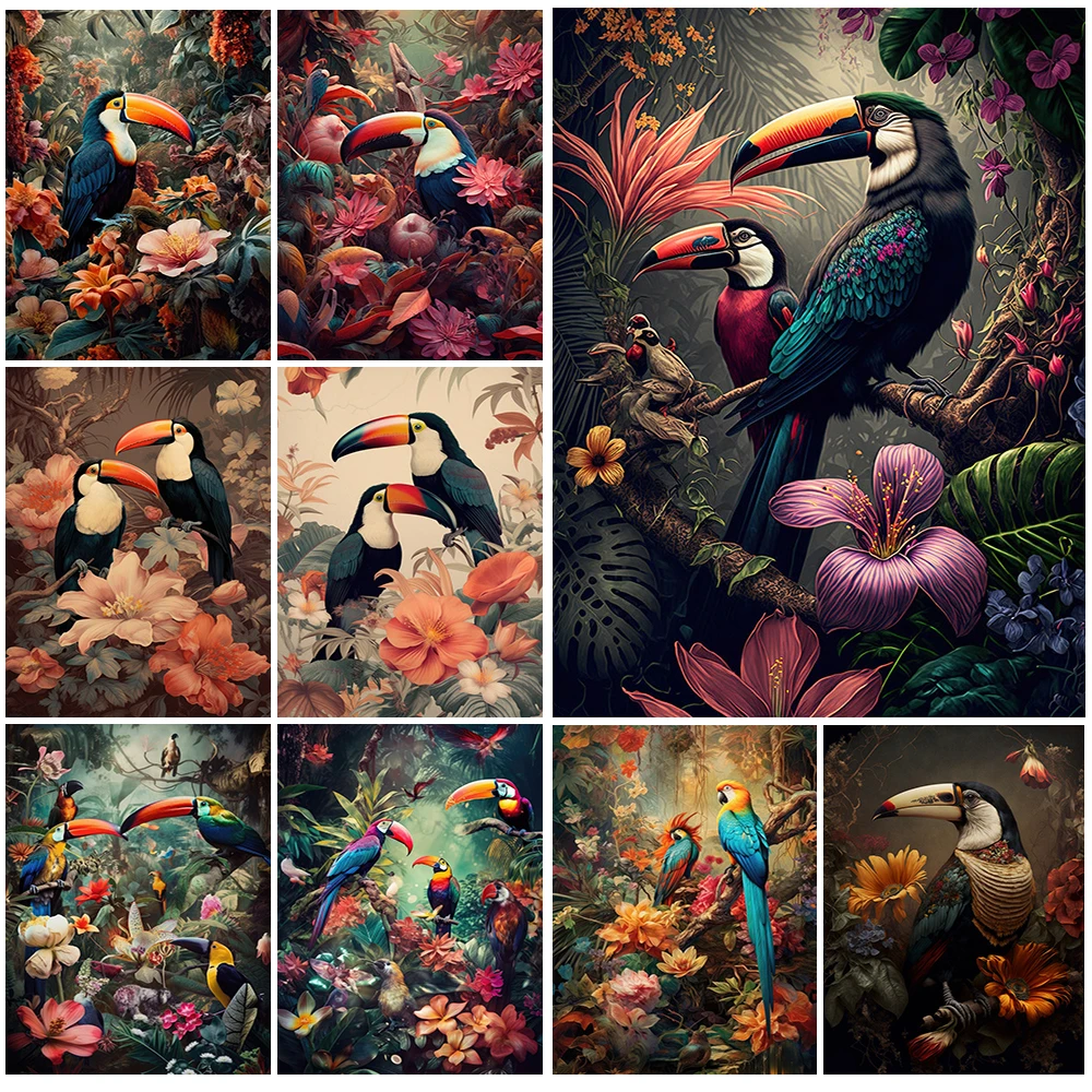 Jungle Birds Toucan Animals Flowers Poster Prints Wall Pictures For Living Room Nordic Poster Wall Art Canvas Painting Unframed