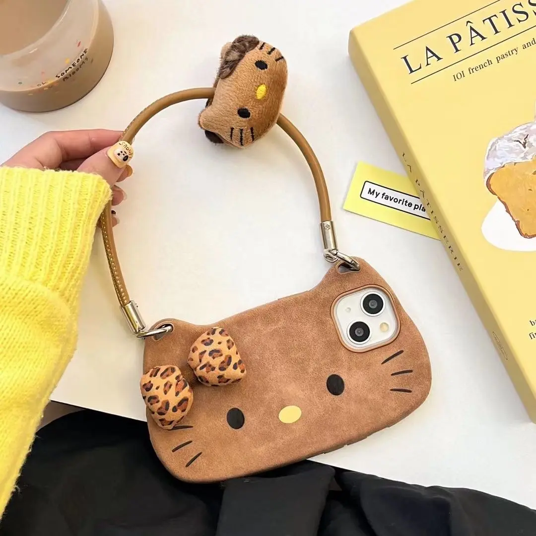 ليوبارد طباعة القوس مرحبا كيتي الجلود يده جراب هاتف آيفون 16 برو ماكس 15 برو 14 التغطية الكاملة الهاتف الغطاء الواقي