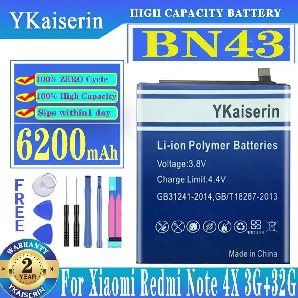 

Mobile Phone Battery Environmentally Friendly 6200Mah For Xiaomi Redmi Note 4X 3G+32G 4 Global Version Snapdragon 625 BN43 Cpu