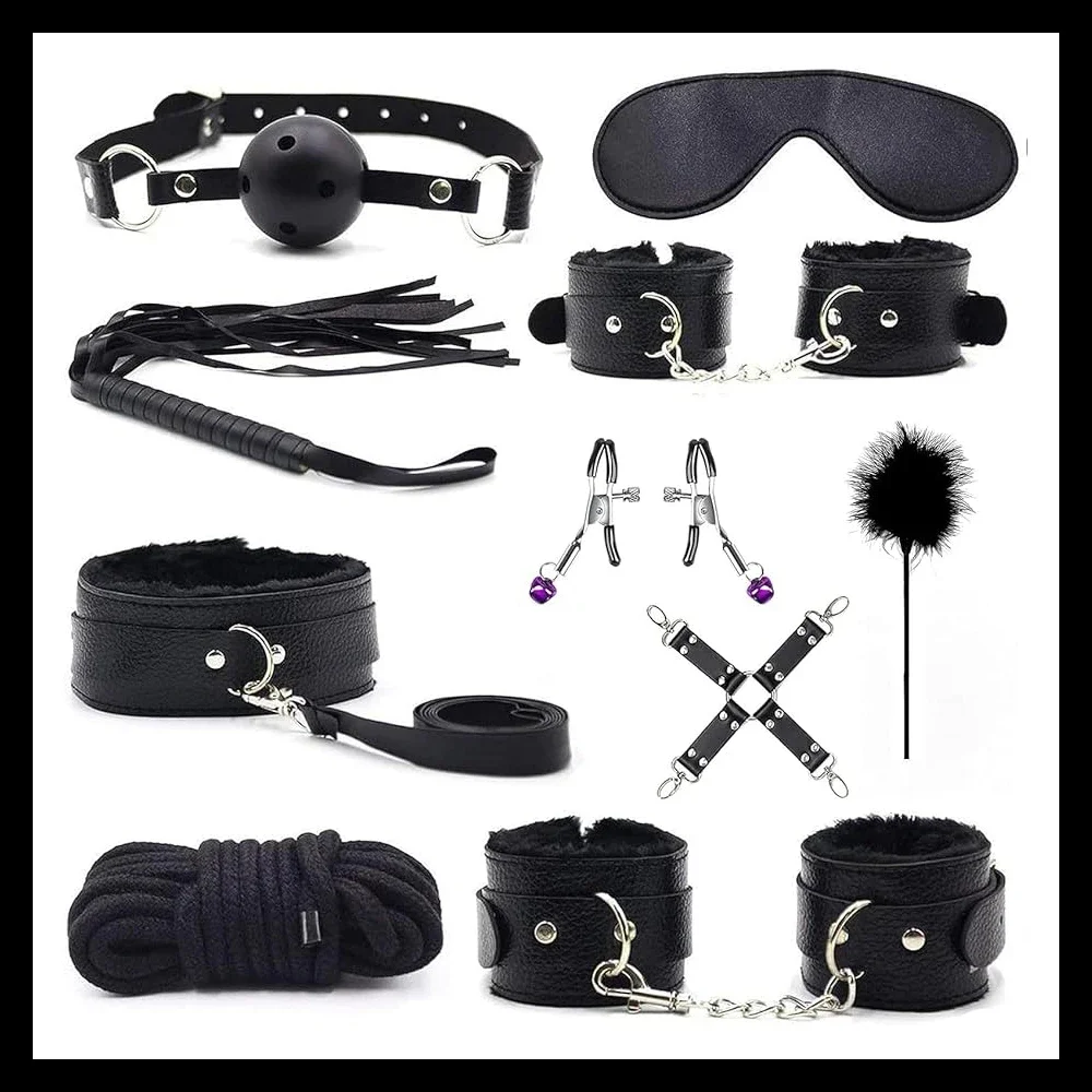 11pcs Plush Leather Handcuff BDSM Sexual Collar Blindfold Set Couple Clamps Harness Sadomasochism Black String Whip Bondage Kit