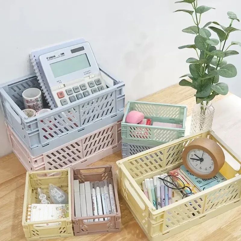 1Pc Plastic Foldable Storage Baskets Student Desktop Holder Tape Stationery Cosmetic Storage Box Home Office Organizer Container