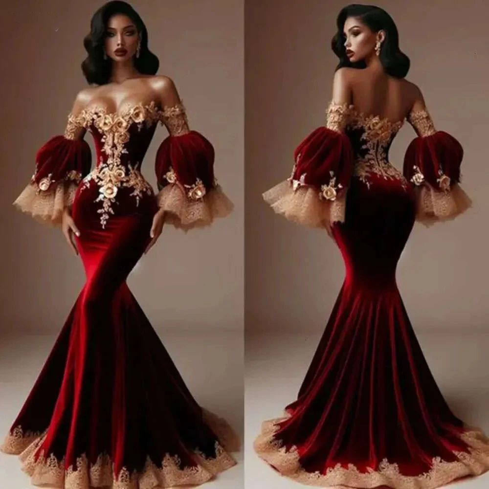 Sexy Burgunderrotes Meerjungfrau-Abschlussballkleid aus der Schulter, ausgestellte lange Ärmel, formelle Abendkleider für Frauen, Champagner-Blumenmuster, individuell gestaltet