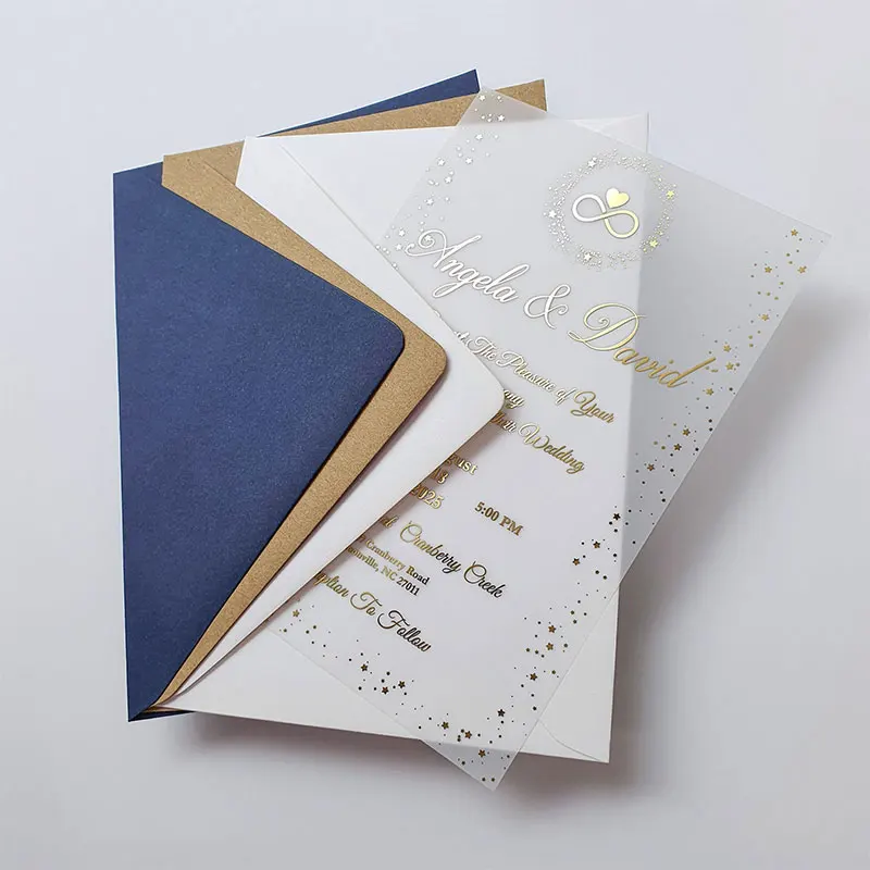 10PcsGold Foil Wedding Invitations Written on Stars Personalized Vellum Paper Invitations with Stars, Hearts and Eternity Symbol