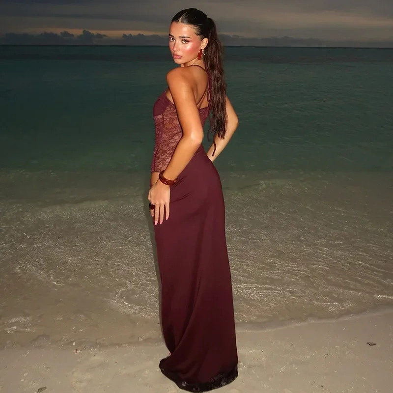 우아한 레이스 컷아웃 맥시 드레스 여성용 2025 섹시 스파게티 스트랩 패치워크 휴가 파티 드레스 여름 백리스 롱 드레스