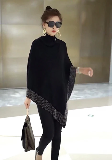 New Autumn Fashion Winter Diamonds Knit Shawl Cloak Loose Plus Size Solid Woman Poncho Cape Pullover Sweater Black