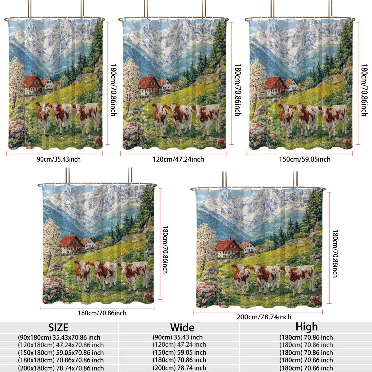 Waterproof Farmhouse Shower Curtain Rustic Alpine Landscape Cow Nature Bathroom Decor 90x180cm Cottage Style