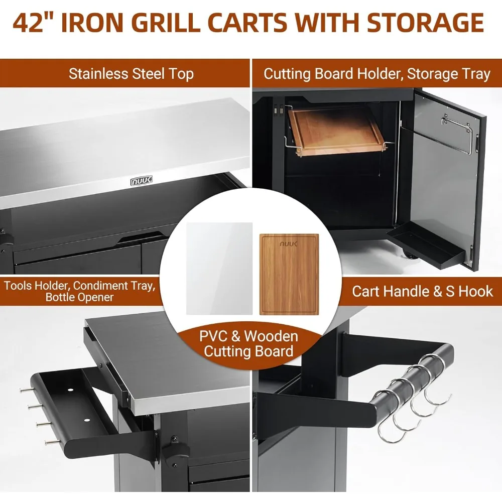 Outdoor Grill Cart with Storage Cabinet Metal Kitchen Island Prep Table with Movable Universal Wheels