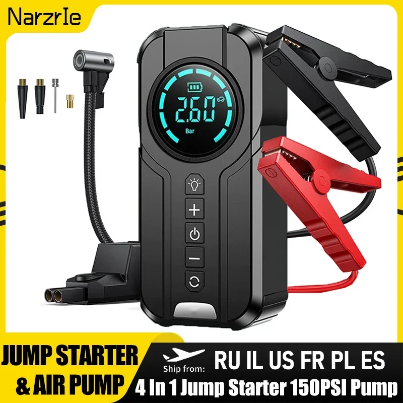 Portable Car Jump Starter Air Pump 4 In 1 Power Bank Lighting Air Compressor Cars Battery Starters Starting Auto Tyre Inflator