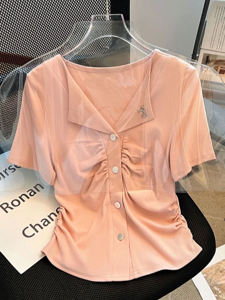 Camiseta blanca de algodón puro v-ne ort Sve para mujer, novedad de verano, cintura doblada, ort, camiseta pequeña única y bonita a la moda