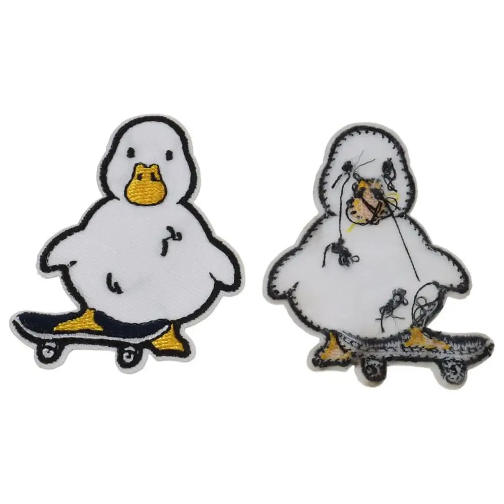 2PCS Iron on Patches Cloth Duck on Skateboard Embroidered Iron Patch White 5.2*6.2cm on Embroidered Patch for T-Shirts