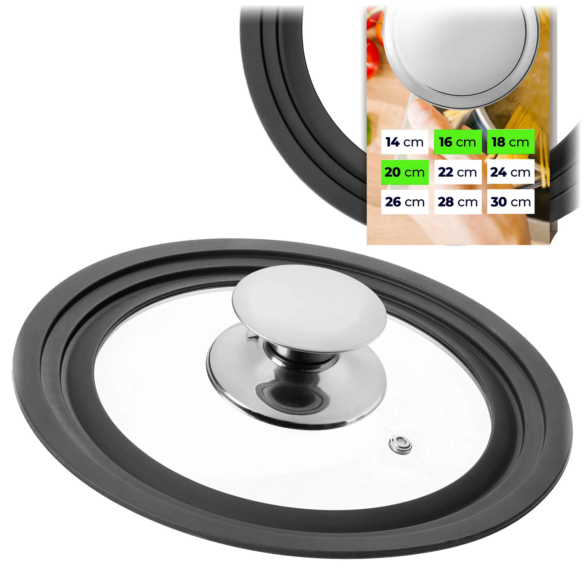 KADAX Multifunctionele Pot- en Pannenklep, Meerdere Maten, Gehard Glas met Siliconen Ventilatieopening en Metalen Handvat, 16-18-20cm, 1 Stuk