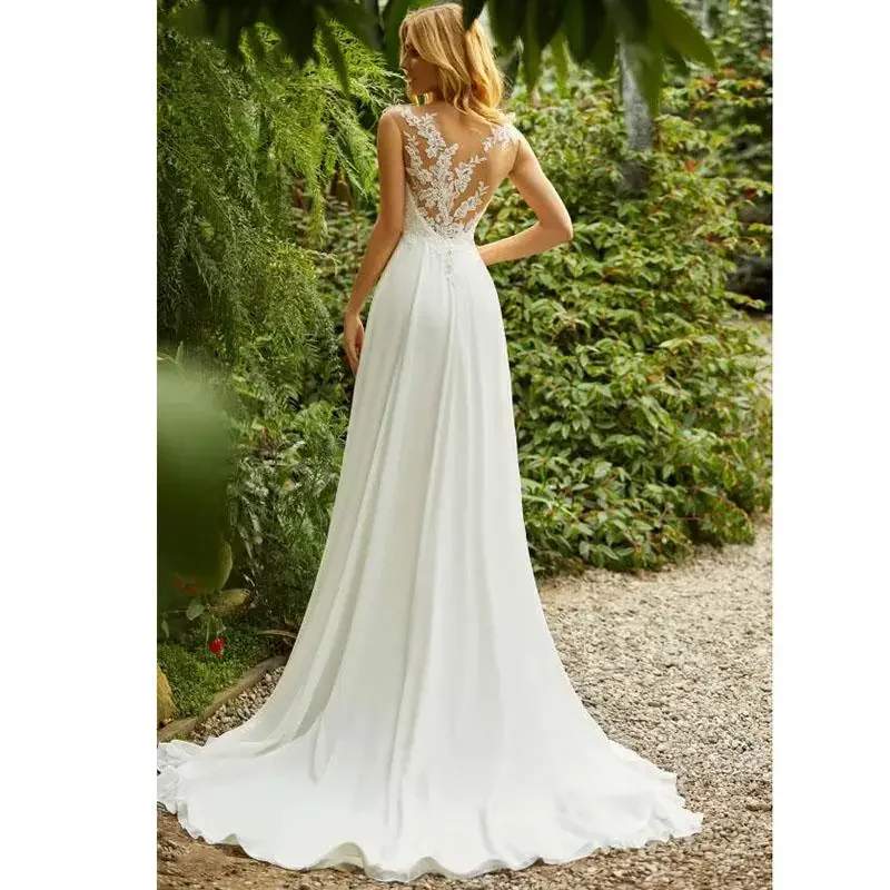 Flavinke Abiti da sposa Boho personalizzati O-Collo Appliques Abito da sposa principessa in pizzo Abiti da sposa da spiaggia in chiffon Robe De Mariee