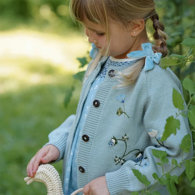 25 AW Shirley Boy Girl Heavy-duty Embroidered Wool Blend Long-sleeved Cardigan Children Sweater Jackets
