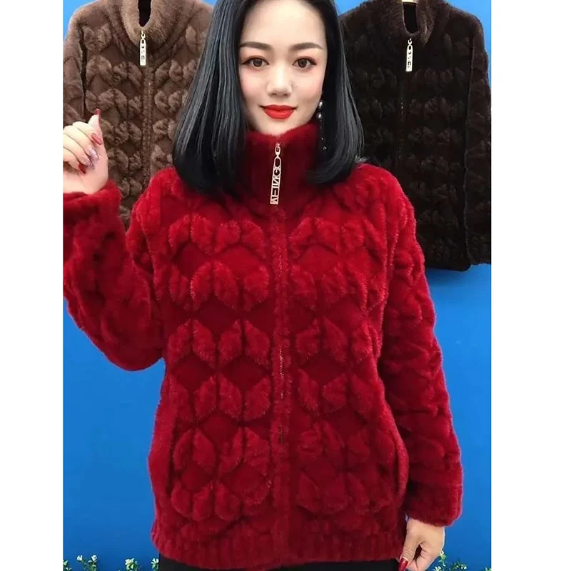 Middle Aged Elderly Mother Imitation Mink Velvet Coats Autumn Winter Thick Stand Zipper Cardigan Sweater Womens Knitted Jackets