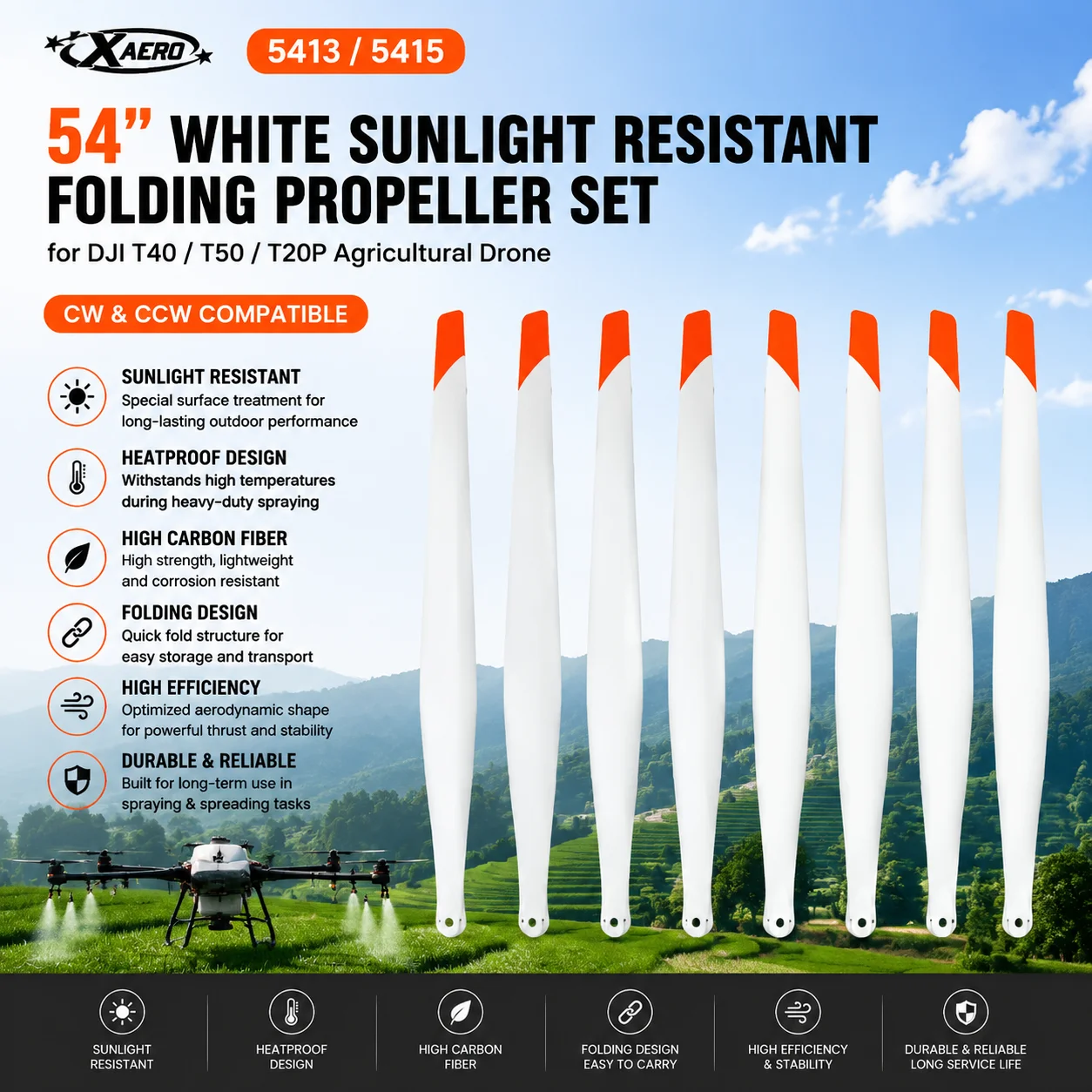 XAERO 5413 5415 54 inch White Sunlight Resistant Carbon Propeller Set for DJI T40 T50 T20P, Heatproof Spraying Blade CW CCW