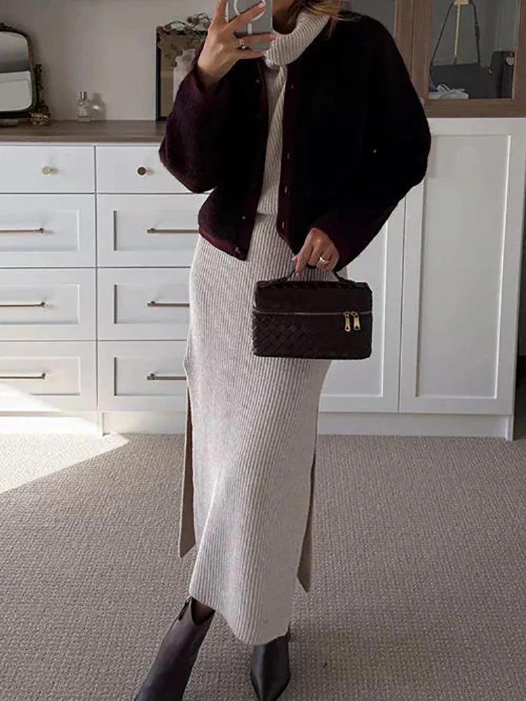 

Женский осенне-зимний пуловер без рукавов, топ и макси-юбка, комплект из двух предметов, однотонный лоскутный шикарный праздничный наряд, простые женские костюмы