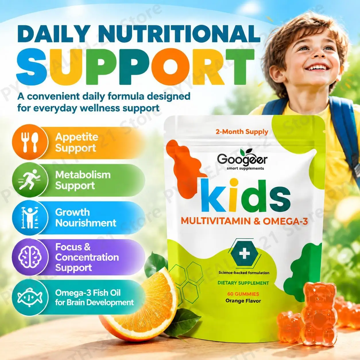 Kids Multivitamin & Omega-3 Gummies Promote Kids Appetite & Growth Nourishment & Focus Brain Development Fish Oil Zinc 60Gummies