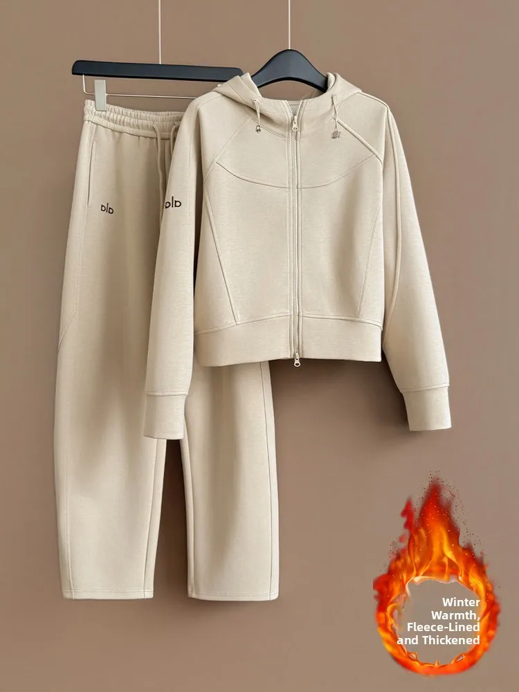 

Утепленный флисовый комплект: худи и брюки, женский спортивный костюм, повседневный, высококачественный брендовый зимний комплект из двух предметов, удобный, с длинными рукавами.