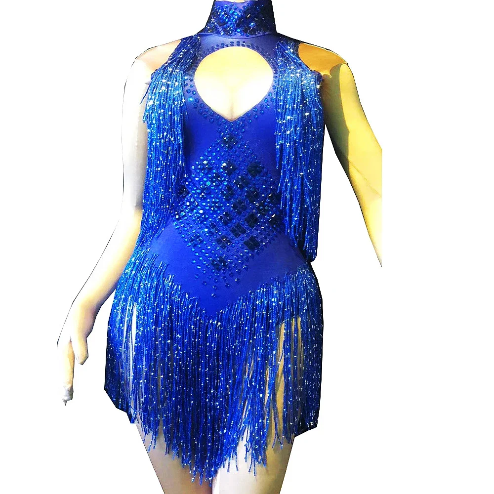 Sparkly Rhinestone Fringe Sleeveless Women Bodysuits Skinny Elastic Nightclub Costumes Jazz Dance Stage Performance Wear