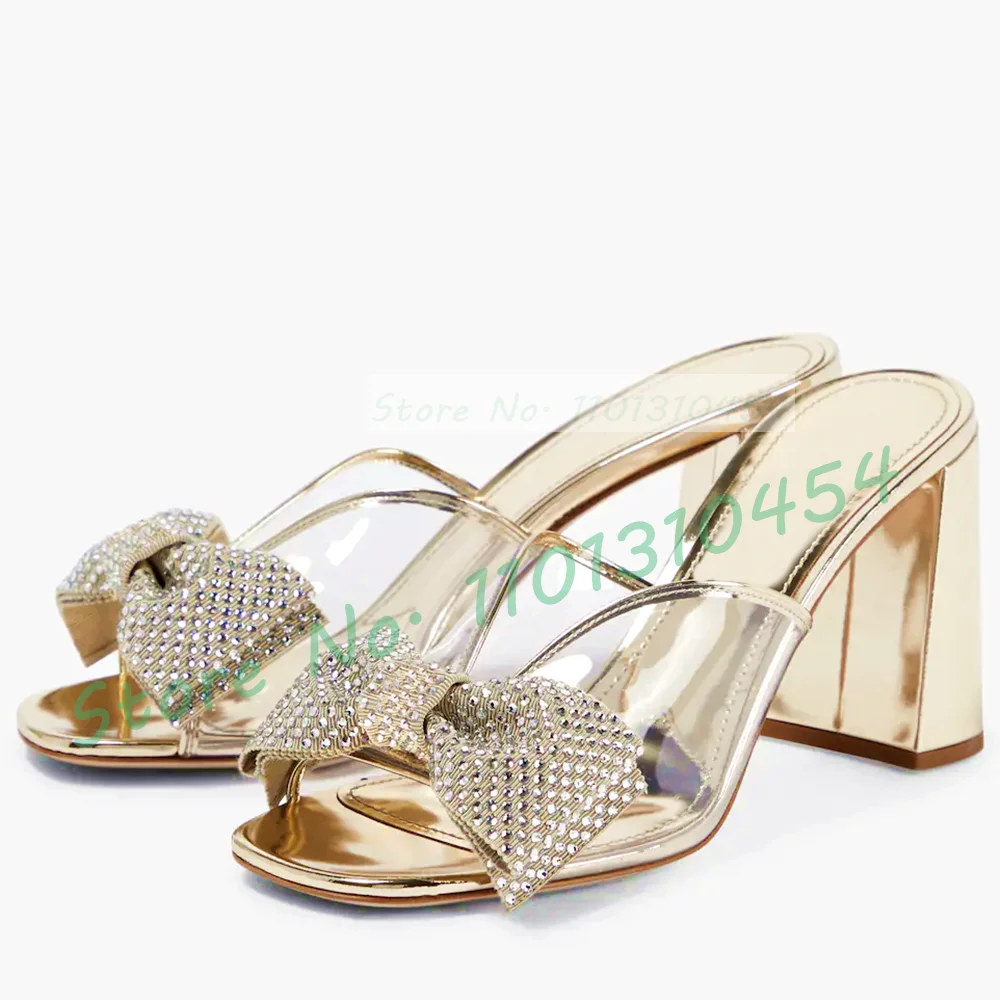 Gold Crystal Bow Pvc Slippers Women Peep Toe Sweet Clear Sparkling Med Heels Shoes Summer New In Female Casual Patent Slippers