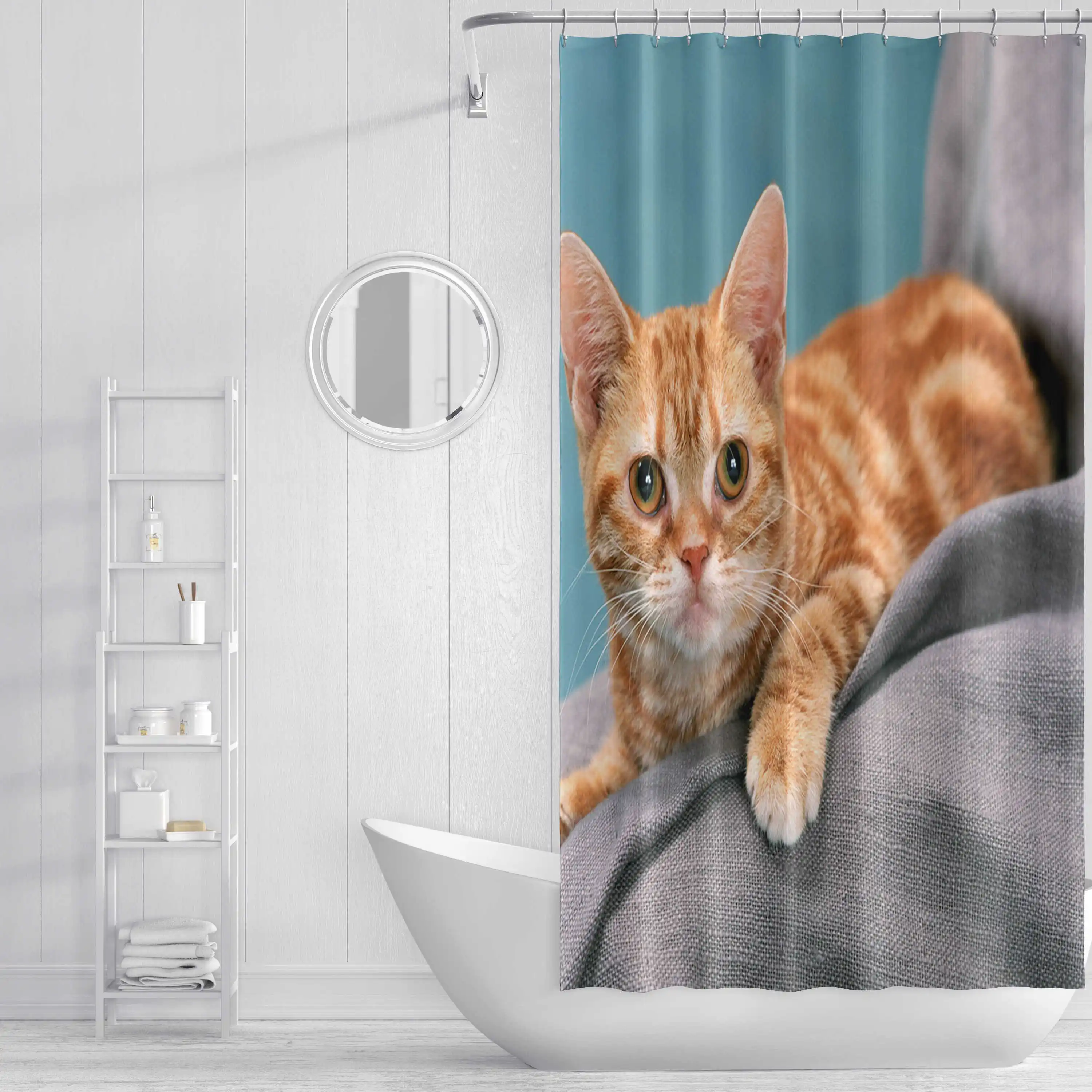 3D Printing Waterproof Shower Curtain with Cute Cat Patterns for Bathroom Decor