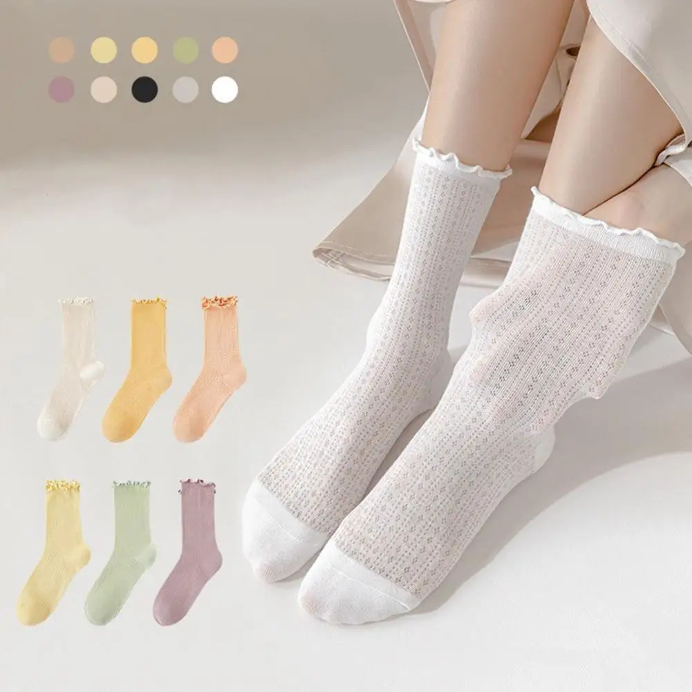 

Women Socks Thin Shirring Edge Hollow Mid-tube Solid Color High Elasticity Anti-slip Thin Breathable Soft Cotton Socks 양말 носки