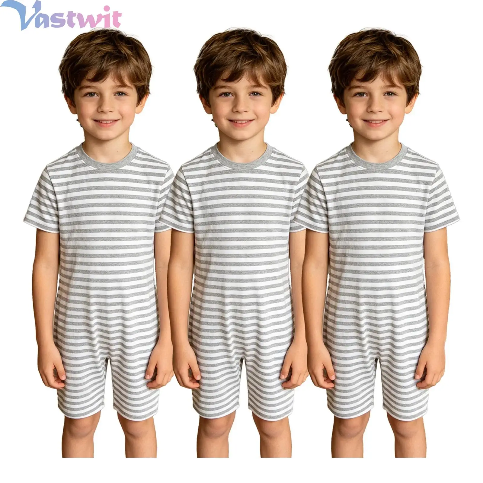 

3pcs Kids Boys Girls Special Needs Adaptive Clothing Short Sleeve Thigh Length Anti-strip Back Invisible Zipper Striped Jumpsuit