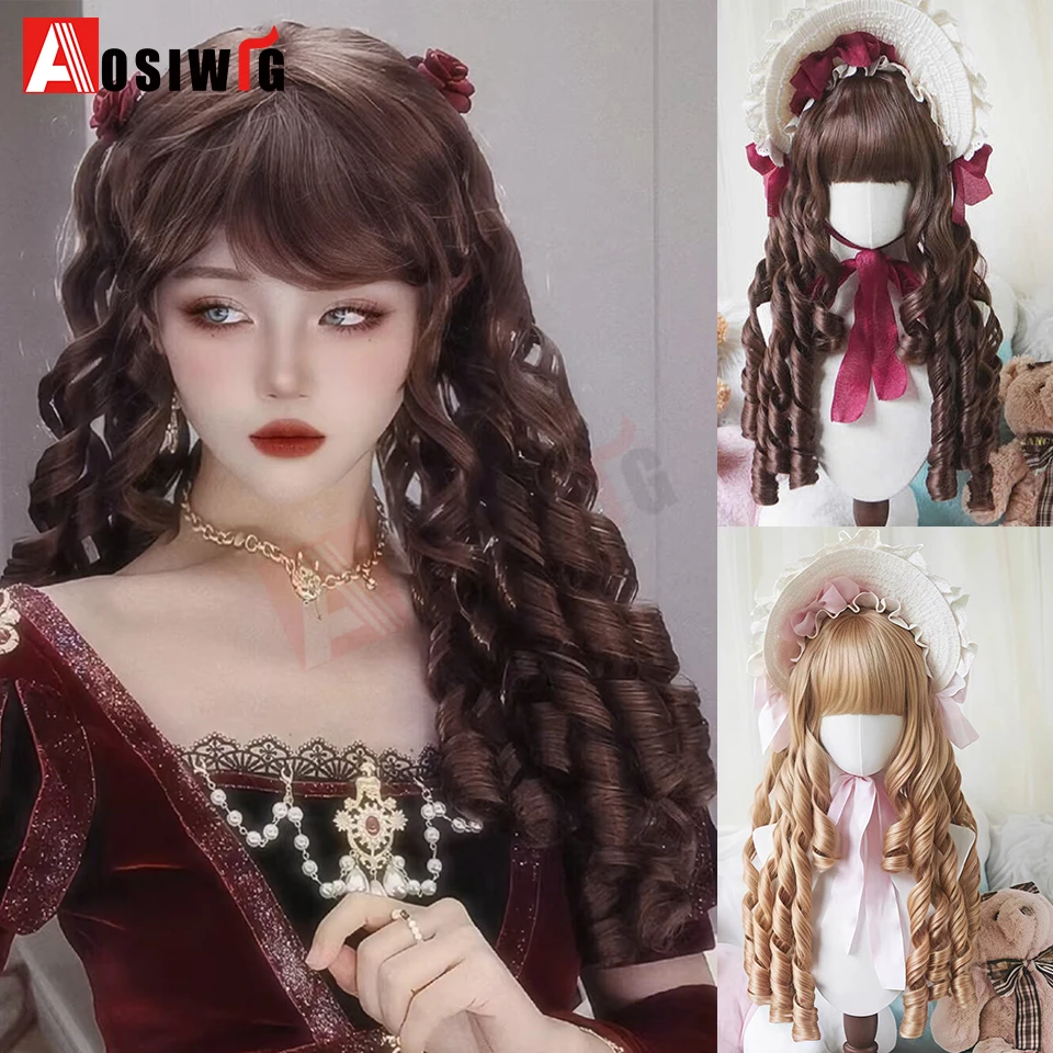 20inch Synthetic Gold/Brown Long Wave Curly Hair Lori Roman Roll Princess Roll Halloween Christmas Cosplay Lolita Wig For Women