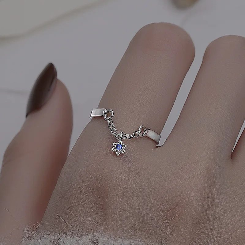 925 Sterling Silver Tasseled Blue Star Pendant Opening Ring Index Finger for Women Girl Fashion Minimalist Jewelry Party Gift