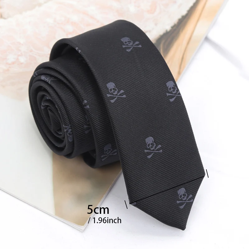 Black Slim Skull Ties for Men Women Classic Polyester Neckties Fashion Man Tie Casual Party Cosplay Punk Accessories Fake Collar