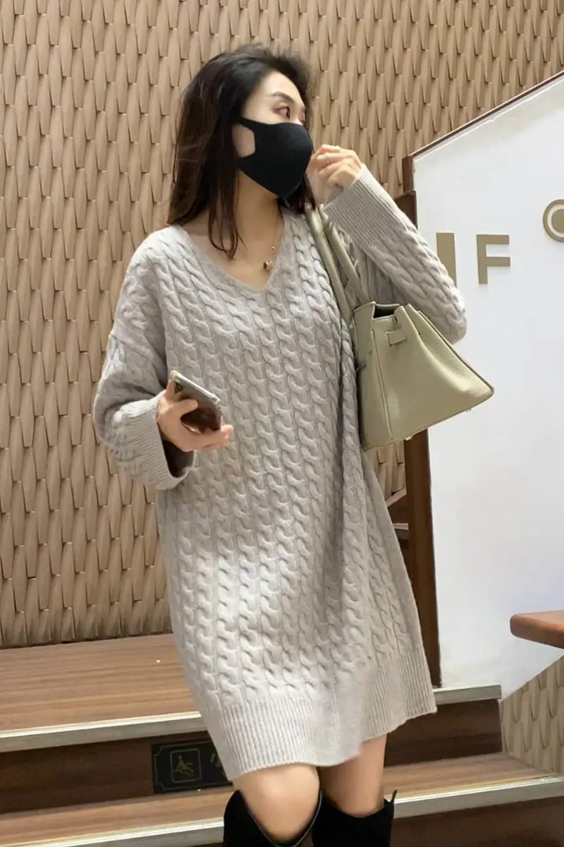 2023 Autumn Women's New Korean Female Dress Mid length Warm Bottom V-neck Pullover Solid Color Casual Knitted Woolen Dresses